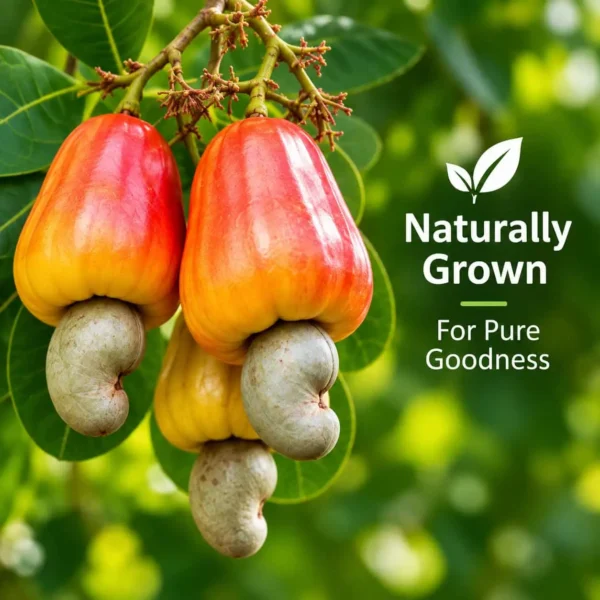 Naturally grown cashew nuts with fresh cashew fruits and green leaves